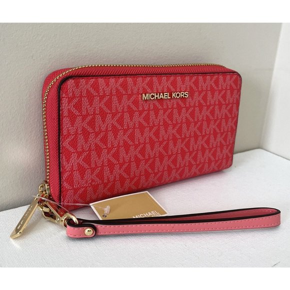 New Michael Kors Jet Set Travel Large Flat Phone Case Signature Coral Reef - Picture 3 of 4